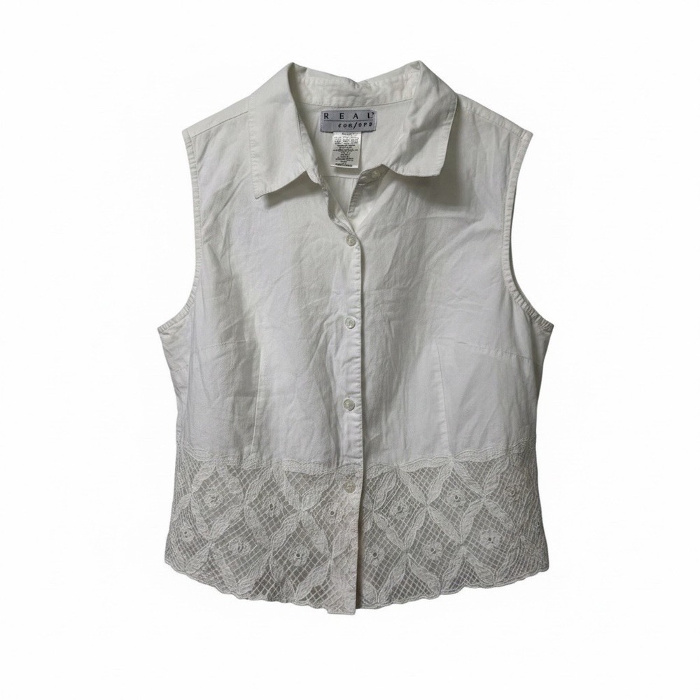 Real Comfort White Sleeveless Button Front Cotton Lace Blouse Women's Size 16